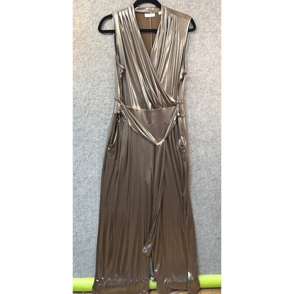 New York & Company Metallic Bronze Gold Wrap V-Neck Wide Leg Jumpsuit L